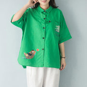 stylish summer cotton tops casual polo Collar Single Breasted 12 Sleeve Green Blouse