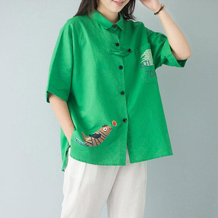 stylish summer cotton tops casual polo Collar Single Breasted 12 Sleeve Green Blouse