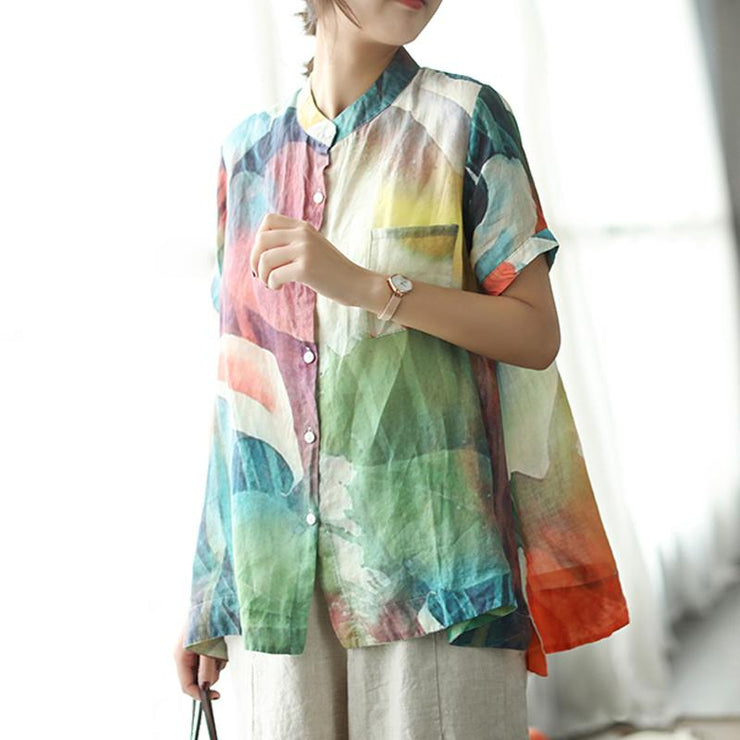 stylish summer linen blended tops plus size Loose Multicolor Stand Collar Casual Women Blouse