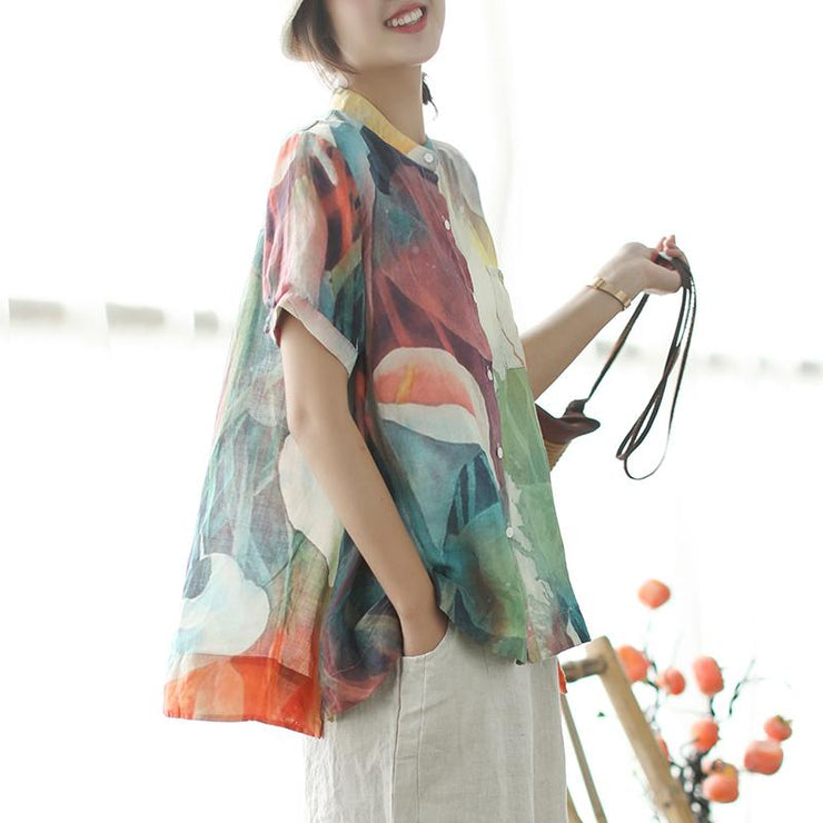 stylish summer linen blended tops plus size Loose Multicolor Stand Collar Casual Women Blouse