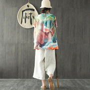 stylish summer linen blended tops plus size Loose Multicolor Stand Collar Casual Women Blouse