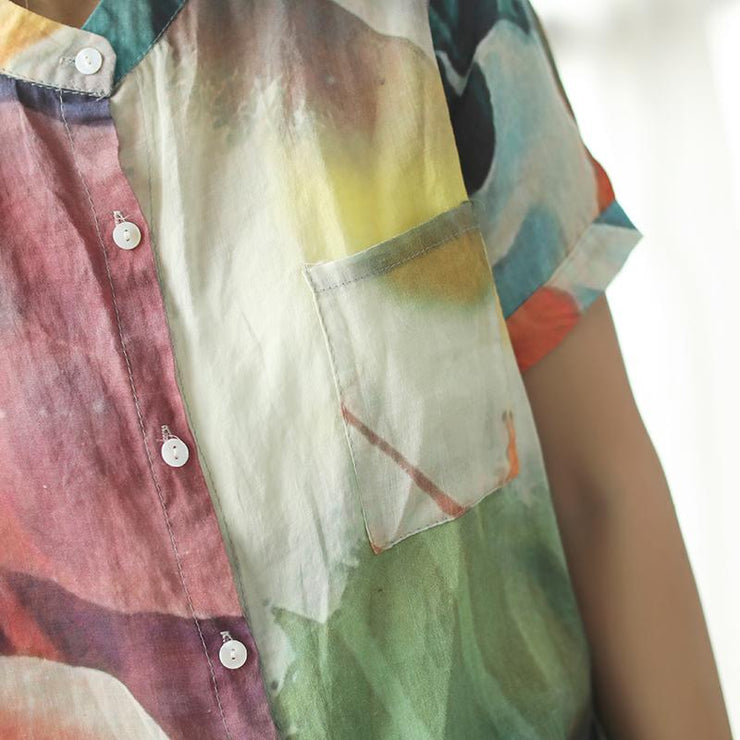 stylish summer linen blended tops plus size Loose Multicolor Stand Collar Casual Women Blouse