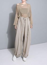 stylish women khaki cotton linen wide leg pants multiple wearing methods pants - bagstylebliss