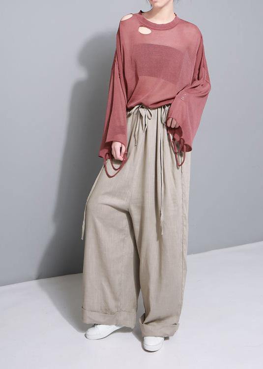stylish women khaki cotton linen wide leg pants multiple wearing methods pants - bagstylebliss