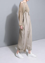 stylish women khaki cotton linen wide leg pants multiple wearing methods pants - bagstylebliss