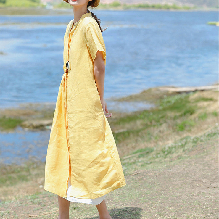 stylish yellow linen dress plus size clothing Stand drawstring linen clothing dresses Elegant short sleeve dresses