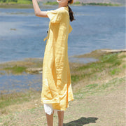 stylish yellow linen dress plus size clothing Stand drawstring linen clothing dresses Elegant short sleeve dresses