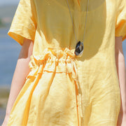 stylish yellow linen dress plus size clothing Stand drawstring linen clothing dresses Elegant short sleeve dresses