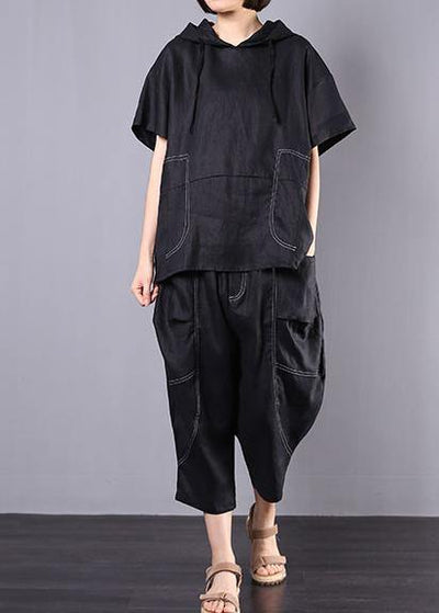 summer black casual linen two pieces hooded blouse with casual harem pants - bagstylebliss