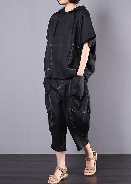 summer black casual linen two pieces hooded blouse with casual harem pants - bagstylebliss