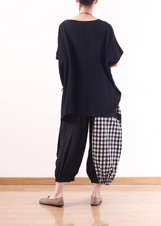 summer black cotton linen short sleeve tops and patchwork plaid harem pants - bagstylebliss