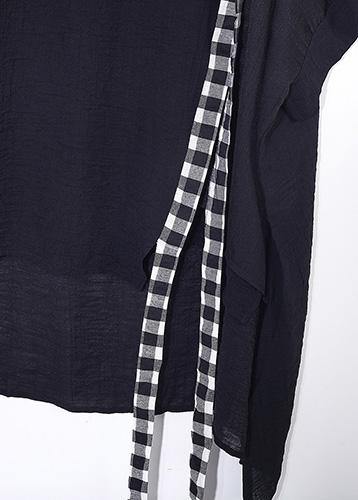 summer black cotton linen short sleeve tops and patchwork plaid harem pants - bagstylebliss