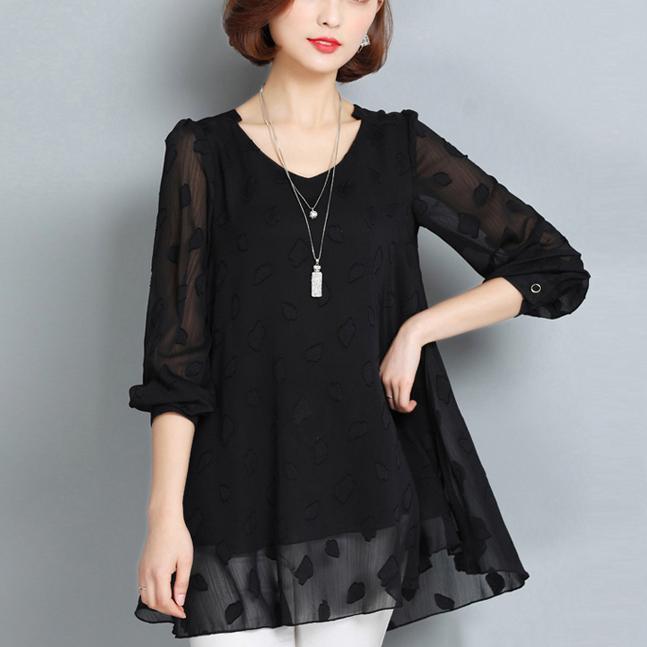 summer casual black lace t shirt loose fashion long sleeve tops