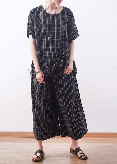 summer casual black plaid silk loose t shirt with women wide leg pants two pieces - bagstylebliss
