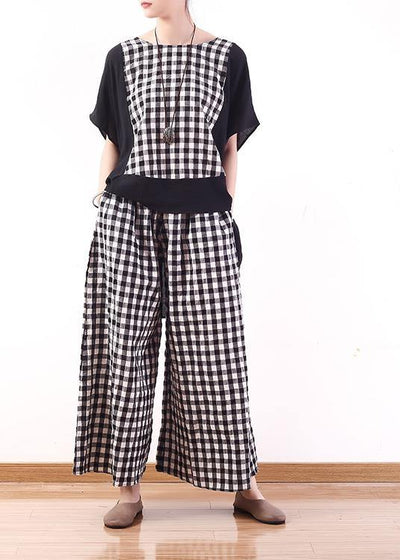 summer casual cotton linen two pieces black white plaid patchwork tops and elastic waist wide leg pants - bagstylebliss