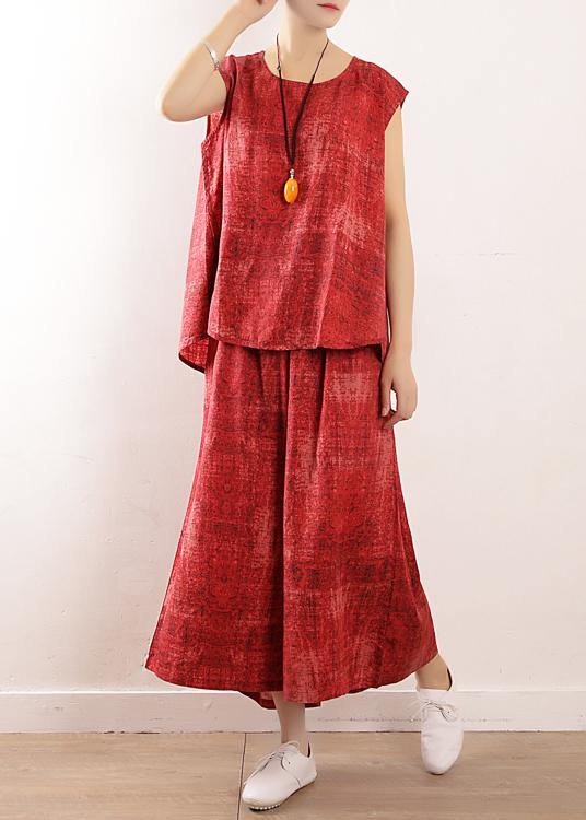 summer casual linen two pieces red sleeve tops with wide leg pants - bagstylebliss
