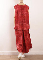 summer casual linen two pieces red sleeve tops with wide leg pants - bagstylebliss