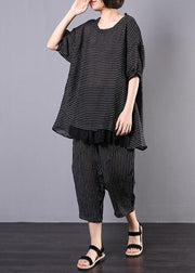 summer casual two pieces black striped patchwork tops and elastic waist women pants - bagstylebliss