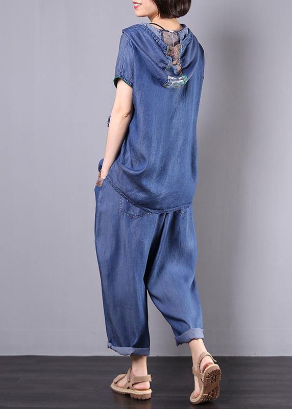 summer cotton blended blue hooded tops with elastic waist pants two pieces - bagstylebliss