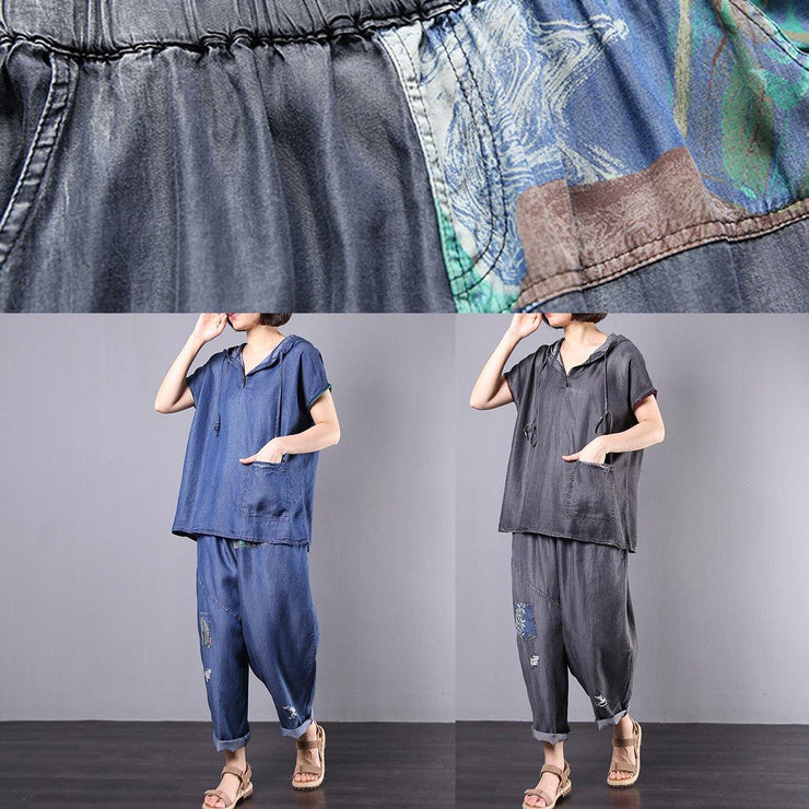 summer cotton blended blue hooded tops with elastic waist pants two pieces - bagstylebliss