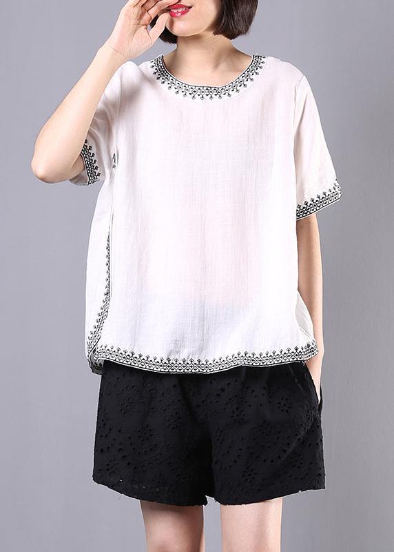 summer cotton linen white embroidery o neck tops and hollow out shorts - bagstylebliss