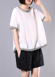 summer cotton linen white embroidery o neck tops and hollow out shorts - bagstylebliss