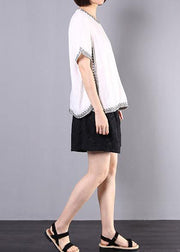 summer cotton linen white embroidery o neck tops and hollow out shorts - bagstylebliss