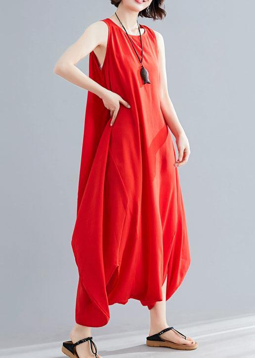 summer cotton red loose jumpsuit pants stylish sleeveless harem pants - bagstylebliss