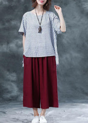 summer cotton two pieces black striped asymmetric hem tops and red women crop pants - bagstylebliss