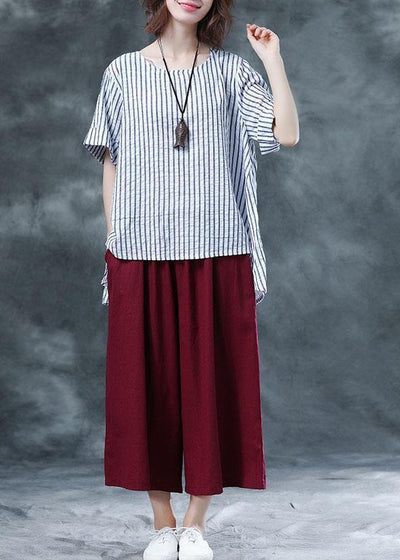 summer cotton two pieces black striped asymmetric hem tops and red women crop pants - bagstylebliss