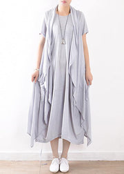 summer light blue linen women sleeveless outwear plus size women casual dress two pieces - bagstylebliss