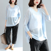 summer light blue stylish  loose casual  t shirt long sleeve blouse