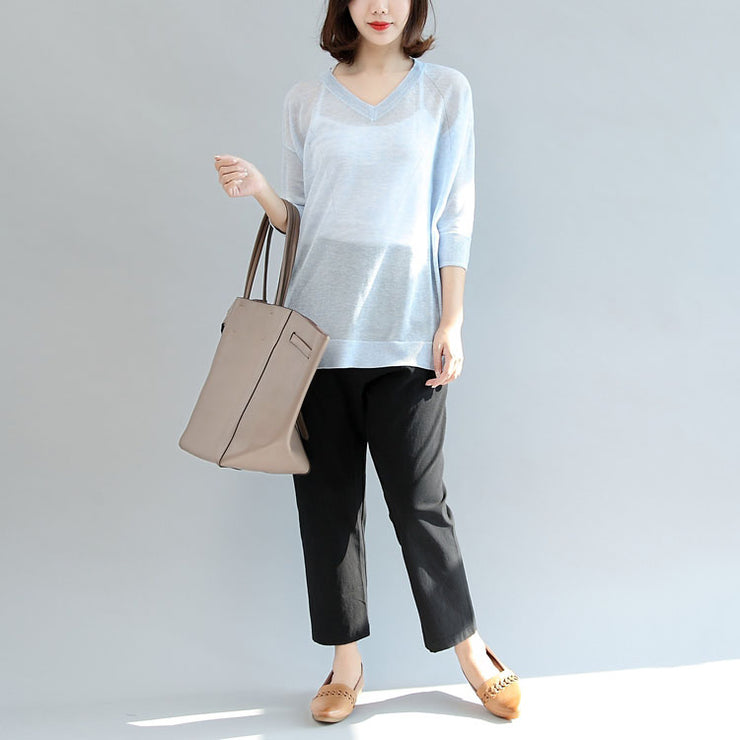 summer light blue stylish  loose casual  t shirt long sleeve blouse