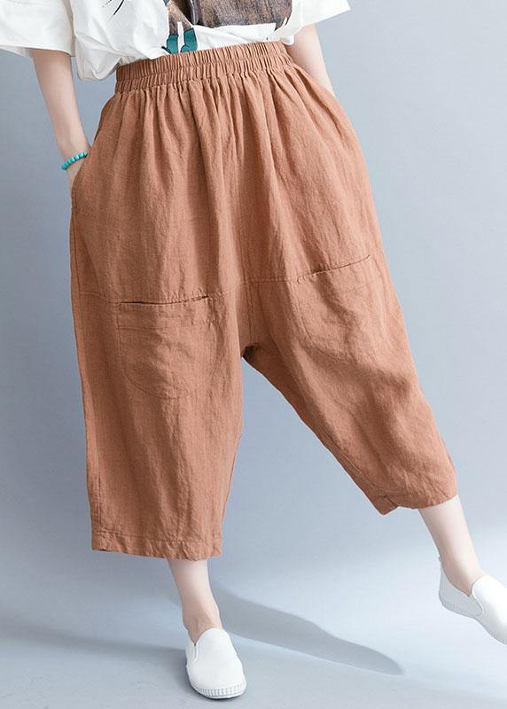 summer new khaki cotton linen pants plus size elastic waist crop pants - bagstylebliss