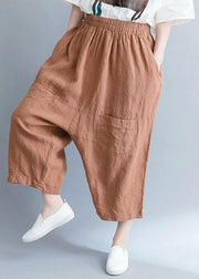 summer new khaki cotton linen pants plus size elastic waist crop pants - bagstylebliss