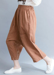 summer new khaki cotton linen pants plus size elastic waist crop pants - bagstylebliss