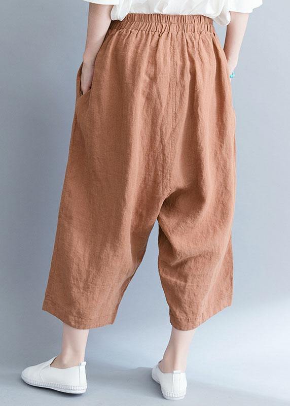 summer new khaki cotton linen pants plus size elastic waist crop pants - bagstylebliss