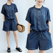 Sommer neue marineblaue, stylische Kurzarm-Tops aus Baumwolle und lässige Jumpsuit-Shorts