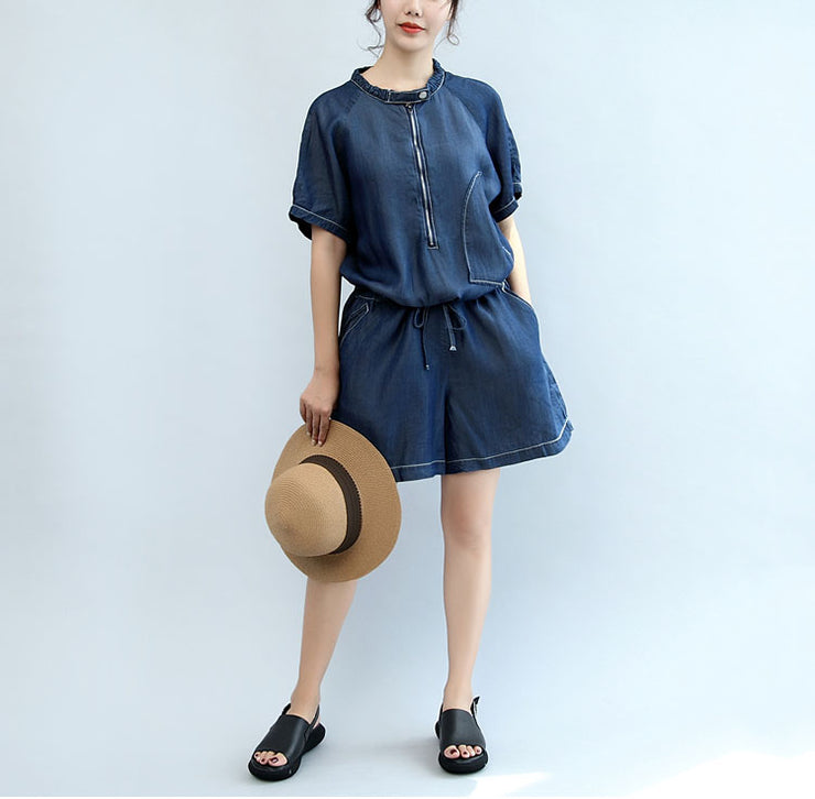 Sommer neue marineblaue, stylische Kurzarm-Tops aus Baumwolle und lässige Jumpsuit-Shorts