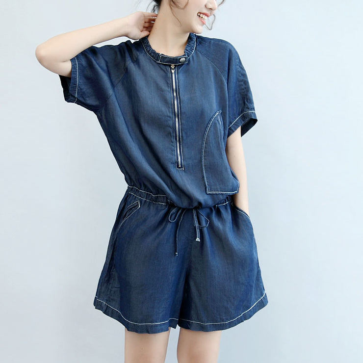 Sommer neue marineblaue, stylische Kurzarm-Tops aus Baumwolle und lässige Jumpsuit-Shorts