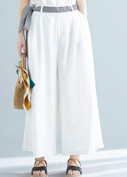 summer white casual cotton trousers loose women tie waist wide leg pants - bagstylebliss