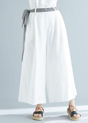 summer white casual cotton trousers loose women tie waist wide leg pants - bagstylebliss