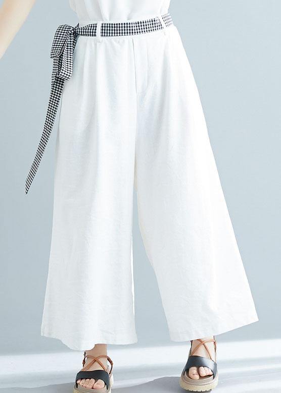 summer white casual cotton trousers loose women tie waist wide leg pants - bagstylebliss