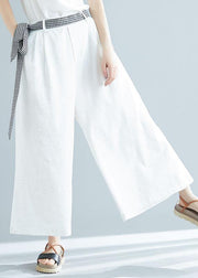 summer white casual cotton trousers loose women tie waist wide leg pants - bagstylebliss