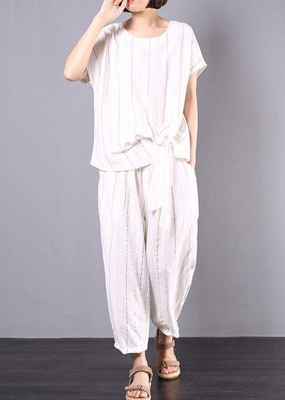 summer white striped linen tie hem tops and elastic waist pants two pieces - bagstylebliss