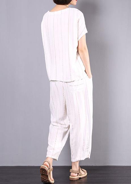 summer white striped linen tie hem tops and elastic waist pants two pieces - bagstylebliss