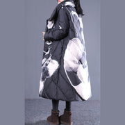 thick black print down jacket plus size stand collar Puffers Jackets pockets zippered long down coats