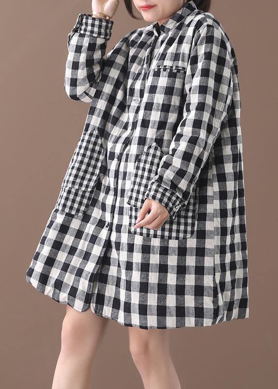 thick black white plaid winter coats plus size warm stand collar pockets overcoat - bagstylebliss