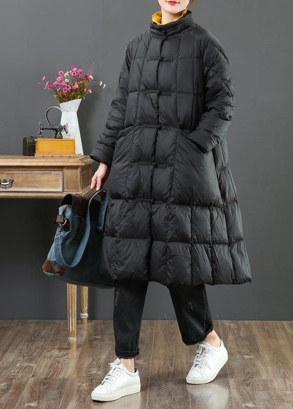 fine  Loose fitting long coat winter jacket black stand collar Chinese Button woolen outwear - bagstylebliss