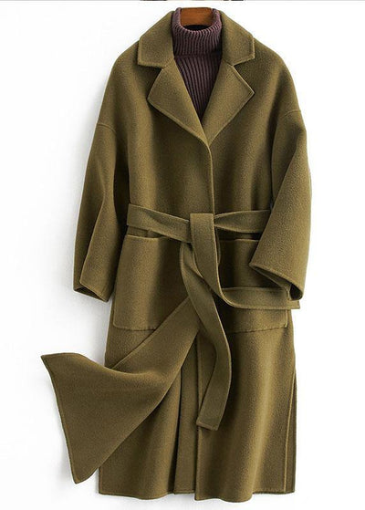 fine Loose fitting long coat tie waist green Notched woolen outwear - bagstylebliss